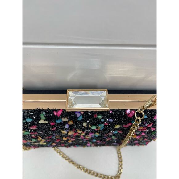 Nina Clutch Black Multi-Color Pebble Rhinestone Gold Chain Prom Party Evening - Picture 3 of 5